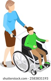 Nurse pushing a wheelchair with a young patient, highlighting the importance of healthcare support and mobility assistance within a medical environment, promoting recovery and wellbeing