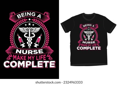 Nurse quote's typography T-shirt design with nurse symbol and syringe. Vintage style black tee