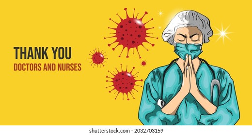 Nurse raises her hand to pray. Message "Thank You Doctors and Nurses". Virus protection concept idea. Vector illustration.