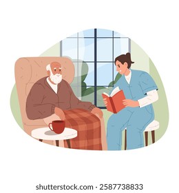 Nurse reading book to elderly man at nursery home. Vector illustration of healthcare worker providing companionship and care. Senior citizen enjoying literature and storytelling at retirement home.