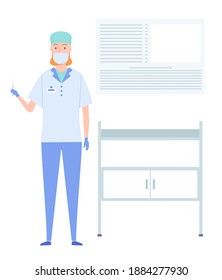A nurse ready to make an injection vector illustration. Girl in a medical gown stands with a syringe. Doctor is going to vaccinate. Doctor, physician, therapist portrait. Woman works in medical office
