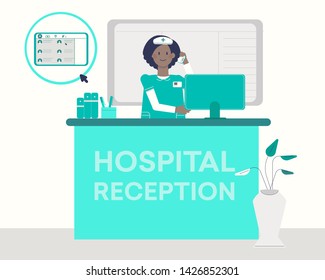 Nurse at the reception of the clinic write on the phone vector illustration