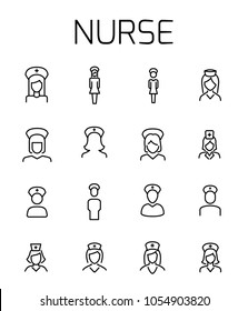 Nurse related vector icon set. Well-crafted sign in thin line style with editable stroke. Vector symbols isolated on a white background. Simple pictograms.