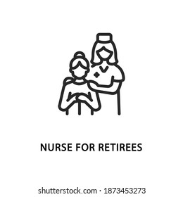 Nurse for retirees flat line icon. Vector illustration of a nurse taking care of an elderly patient.