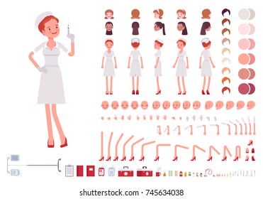 Nurse in retro uniform character creation set. Old fashion hospital wear, full length, different views, emotions, gestures. Build your own design. Vector illustration