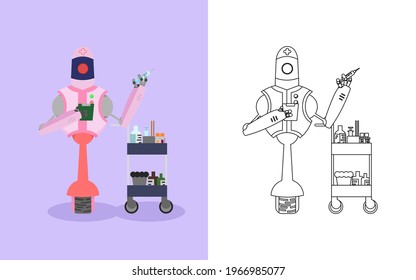 nurse robot is looking at the report and holding a needle for injection. With cart has full of medical equipment, cartoon character design vector illustration, Coloring Book Outline