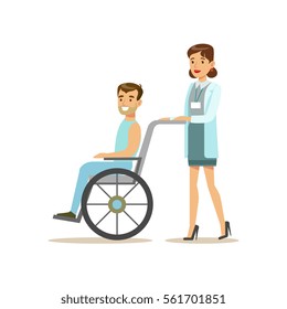 Nurse Rolling A Patient In Wheelchair, Hospital And Healthcare Illustration