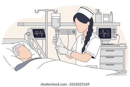 Enfermeira em esfregões e luvas ajustando um gotejamento intravenoso conectado a um paciente em uma cama de hospital, cercada por equipamentos médicos e monitores.