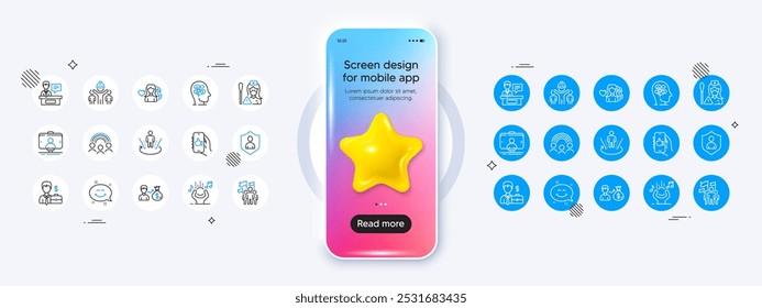 Ícones de enfermeiro, palitos de Selfie e linha de caso de empresário. Montagem de telefone com ícone de estrela 3d. Pacote de amor de mulher, Smile chat, ícone da realidade aumentada. Stress, app Like, pictograma de liderança. Vetor