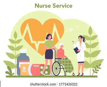 Nurse service concept. Medical occupation, hospital and clinic staff. Professional assistance for senior patience. Isolated vector illustration