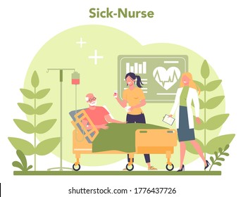 Nurse service concept. Medical occupation, hospital and clinic staff. Professional assistance for senior patience. Isolated vector illustration
