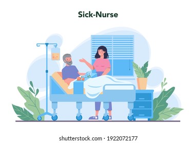 Nurse service concept. Medical occupation, hospital and clinic staff. Professional assistance for senior patience, doctor call. Isolated vector illustration