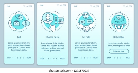 Nurse service onboarding mobile app page vector template. Home care assistance walkthrough website steps. Choosing practical caregiver, carer. In-home nursing. UX, UI, GUI smartphone interface concept