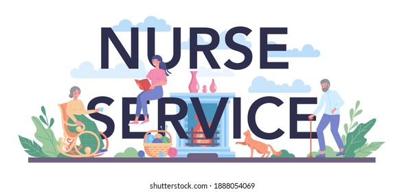 Nurse service typographic header. Medical occupation, hospital and clinic staff. Professional assistance for senior patience, doctor call. Isolated vector illustration