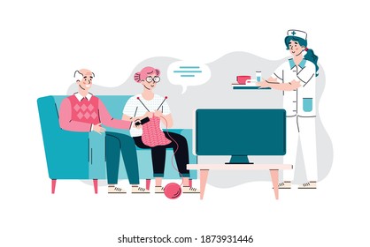 Nurse serving food to nursing home residents, cartoon flat vector illustration isolated on white background. Nursing home staff take care of the elderly.