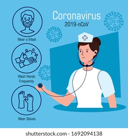 nurse with set of recommendations for covid 19 vector illustration design