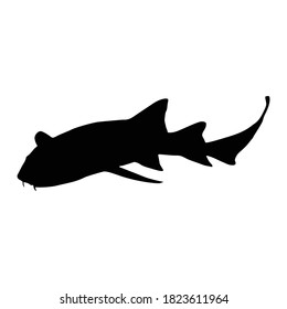 Nurse Shark (Ginglymostoma Cirratum) Swimming On a Side View Silhouette Found In Map Of Africa And America Ocean. 