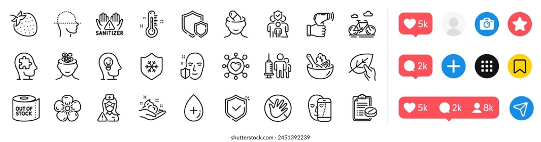 Nurse, Shields und Family Insurance Line Icons Pack. Social-Media-Symbole. Hautpflege, Medizinische Impfung, Dating-Web-Symbol. Thermometer, Ölserum, Piktogramm für saubere Haut. Vektorgrafik