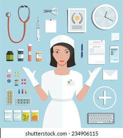 Nurse Showing Medical Tools and Medicament Collection. Medicine flat style illustration with a doctor set. Vector EPS10.