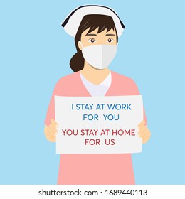 Nurse showing paper I stay at work for you,you stay at home for us vector
