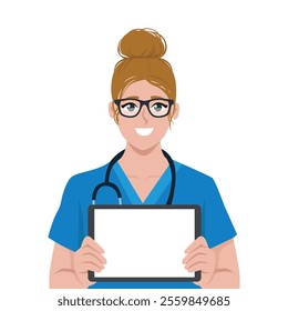 Nurse is showing a report on a tablet. Flat vector character illustration.