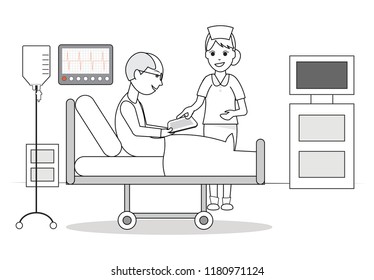 Nurse showing something on a tab Patient sitting on a hospital clinic bed looking at tablet screen