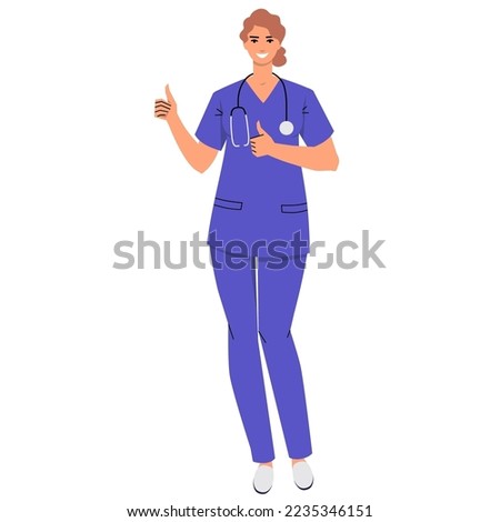 Nurse shows thumbs up with both hands. A nod of approval, cool. Female doctor with stethoscope and wearing scrubs isolated on white background. Smiling character. Flat style, vector.