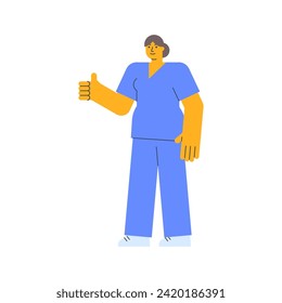 La enfermera muestra los pulgares hacia arriba y sonríe. Ilustración vectorial