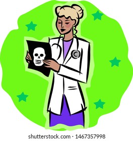 Nurse shows an x-ray of the skull.