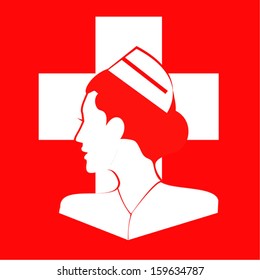 Nurse. Nurse side view. Isolated Nurse Icon over the white cross and red background