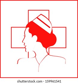 Nurse. Nurse side view. Isolated Nurse Icon over the white cross and white background. - Vector Illustration 	