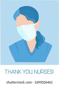 Nurse silhouette in medical white mask and the title "Thank you, nurses" in the bottom of this banner. Nurse silhouette on light blue background. 