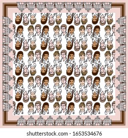 Nurse silk scarf design with characters - man, women. Medical theme. Vector illustration in skin tone color palette. Perfect square symetric background.