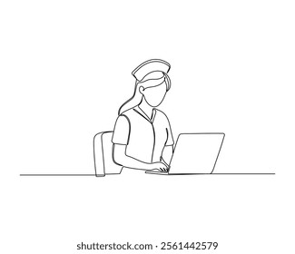 a nurse sitting at a desk, wearing a nurse cap and uniform, using a laptop Reflects healthcare professionals engagement with technology. Continuous line drawing  illustration