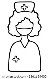 Nurse. Sketch. A woman doctor in a cap with a cross and a medical mask. Vector illustration. Anonymous medical worker. Hospital worker in a white coat. Outline on isolated background. Doodle style. 