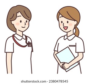 A nurse smiling and talking with a senior nurse