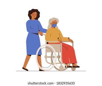 Nurse or social worker helps the elderly disabled patient and drives her in a wheelchair. A young female volunteer is taking care of a senior woman. Medical aid vector concept.