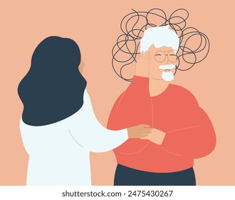 Nurse or social worker helps or looks after a senior man with Alzheimer illness. An elderly grandfather has dementia and amnesia get a special support. Memory loss and mental health disorder concept.