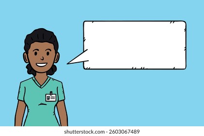 Nurse with speech cloud. Cloud has blank space to fill. Hand drawn vector graphic.