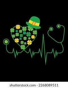 Nurse St Patricks Day Stethoscope Heartbeat Clover T-Shirt, St. Patrick's Day, Shirt Print Template, Shenanigans Irish Shirt, 17 march, 4 leaf clover