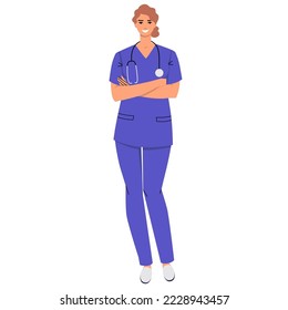 Nurse standing with arms crossed isolated on white background. Medical worker with stethoscope and wearing scrubs. Smiling character. Flat style, vector illustration.