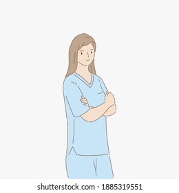 Nurse standing with cross one's arm. Healthcare and medical concept. Hand draw style. Vector illustration.