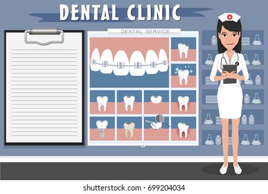 Nurse standing in dental office.preparing for dental exam. Dentist workplace, equipment, instruments.