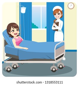 Nurse standing holding folder smiling at cheerful female patient laying on hospital bed
