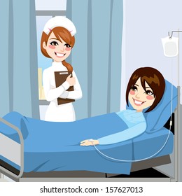 Nurse standing on the side of a bed in a hospital room visiting a sick woman patient receiving intravenous therapy treatment