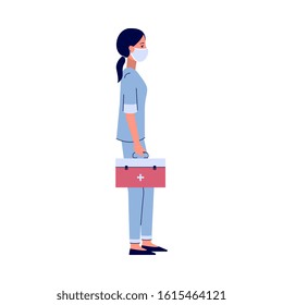 Nurse Standing With Red Medicine Suitcase - Cartoon Hospital Worker In Face Mask Holding A Tool Bag. Isolated Flat Hand Drawn Vector Illustration On White Background.