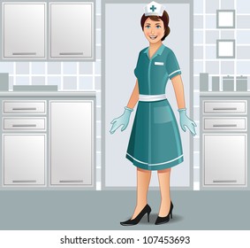 Nurse standing in uniform in a clinic/ patient's room