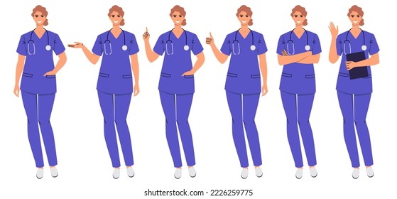 Enfermera en diferentes poses y gestos. Conjunto de personajes sonrientes del doctor en estilo plano. Mujer mostrando mano, pulgar arriba, manos dobladas, saludos, enseñanza de dedos índice. Vector aislado en blanco.