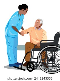 A nurse with a stethoscope around his neck helps an elderly man get up and move into a wheelchair  Vector