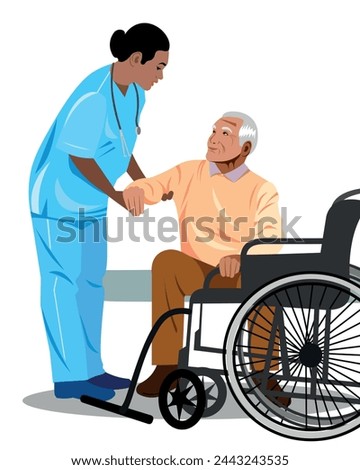 A nurse with a stethoscope around his neck helps an elderly man get up and move into a wheelchair  Vector